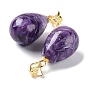 Natural Charoite Pendants, Teardrop Charms, with Golden Plated Flower 925 Sterling Rhinestone Snap on Bails