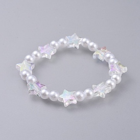 Los niños estiran pulseras, con cuentas de perlas imitadas acrílicas transparentes y cuentas de acrílicas transparentes, Estrella y ronda