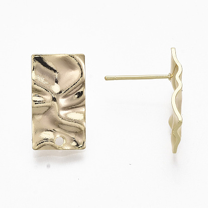 Brass Stud Earring Findings, with Loops, Nickel Free, Hammered, Rectangle