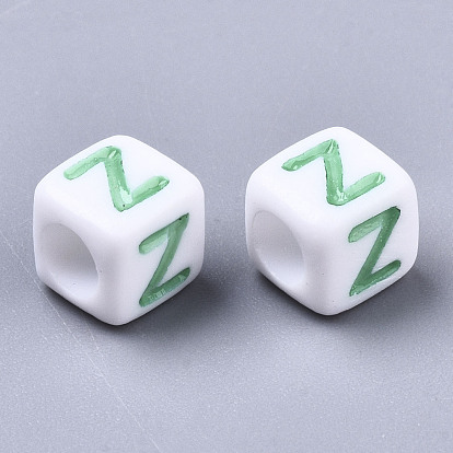 Perles acryliques blanches opaques, avec l'émail, trou horizontal, cube avec lettre de couleur mixte a ~ z