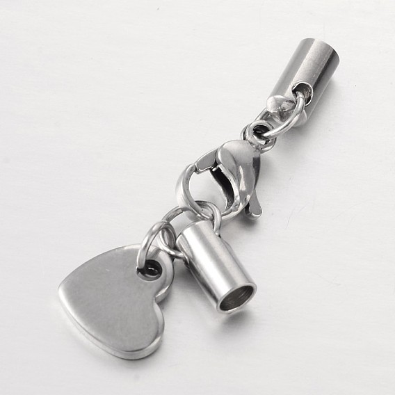 304 Stainless Steel Lobster Claw Clasps, with Cord Ends and Heart Charms, 34mm, Hole: 3mm