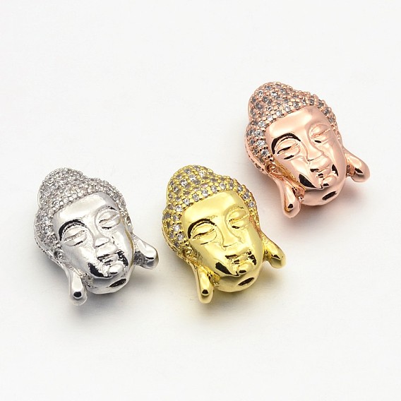 CZ Brass Micro Pave Grade AAA Cubic Zirconia 3D Buddha Head Beads, Lead Free & Nickel Free & Cadmium Free, 15x11x8mm, Hole: 1.5mm