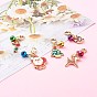 Christmas Theme Light Gold Alloy Enamel Pendants, with Lobster Claw Clasps and Bell Charms, Christmas Gift & Candy Cane & Santa Claus & Deer & Tree