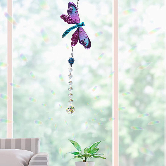 Décorations de pendentif en forme de larme et d'octogone en verre, avec lien libellule en métal et apprêts en fer, pour la décoration extérieure du jardin