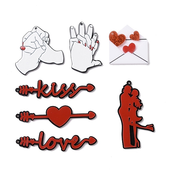 Акриловые подвески, День Святого Валентина тема, конверт/переплетающиеся пальцы/любовник/сердце прелести