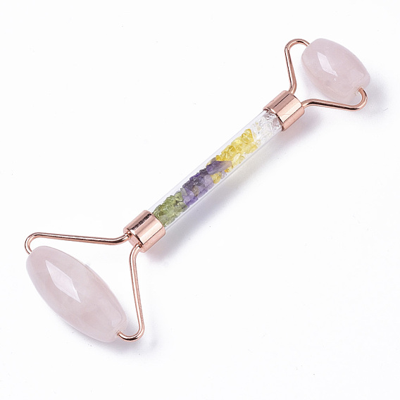 Natural Rose Quartz Massage Tools, Facial Rollers, with K9 Glass & Gemstone Chips & Zinc Alloy Findings