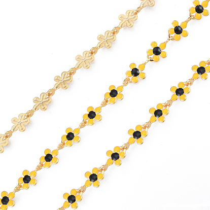 Cadenas de eslabones de flor de ciruelo esmaltadas de latón hechas a mano, sin soldar, con carrete, dorado, sin níquel