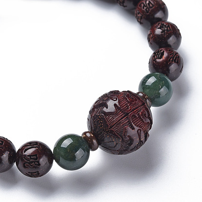 Sandalwood Mala Bead Bracelets, with Natural Jade Beads, Round Carved Om Mani Padme Hum, Buddhist Jewelry, Stretch Bracelets