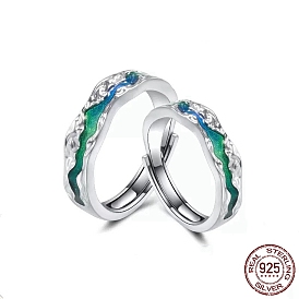 925 Sterling Silver Wave Adjustable Ring with Enamel for Men Women