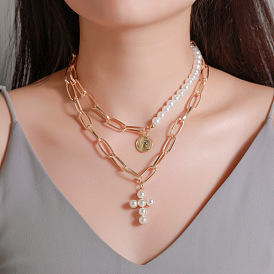 Bold Multi-layered Pearl Cross Necklace with Round Disc Pendant for Women