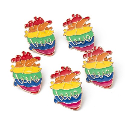 Creative Zinc Alloy Brooches, Enamel Lapel Pin, with Iron Butterfly Clutches or Rubber Clutches, Rainbow, Heart with Word Love
