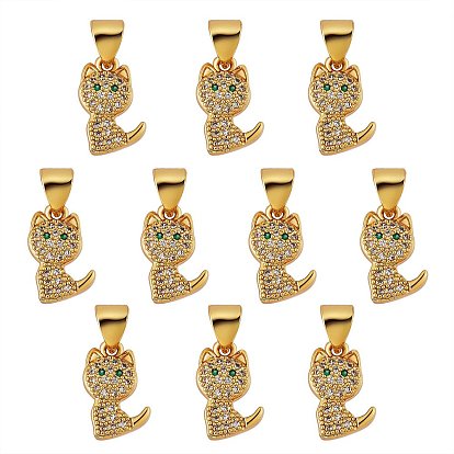 10Pcs Brass Micro Pave Clear Cubic Zirconia Pendants, Long-Lasting Plated, Cat