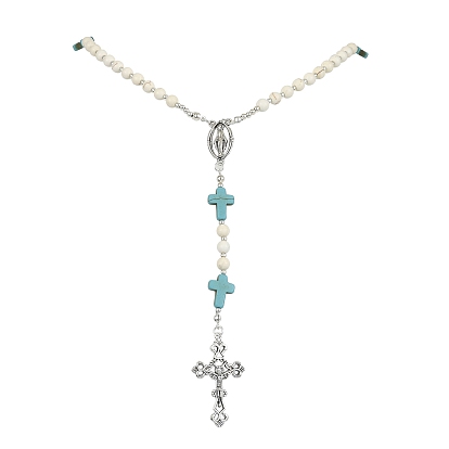 Colliers de perles chapelet en pierres précieuses synthétiques mélangées, collier pendentif croix en alliage