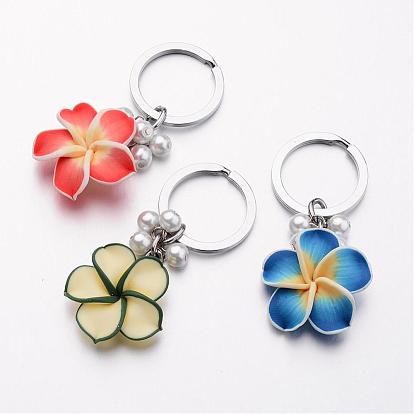 Porte-clés en fer couleur platine, avec la main de fleurs en pâte polymère et perles de verre nacrées, 81mm