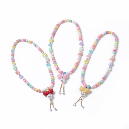 Kids Acrylic Pendant Necklaces, with Glass Seed Beads, Round & Bowknot