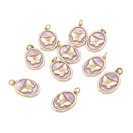 Brass Micro Pave Clear Cubic Zirconia Pendants, with Enamel and Jump Rings, Polygon with Butterfly