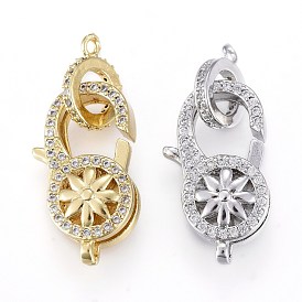Brass Micro Pave Clear Cubic Zirconia Lobster Claw Clasps, with Bail Beads/Tube Bails, Flower