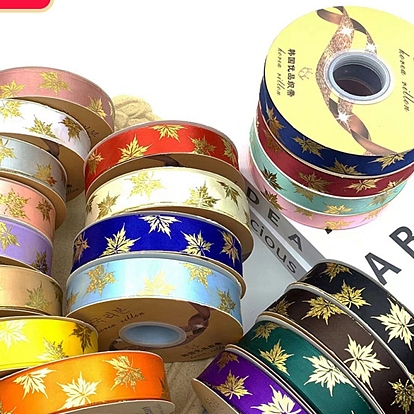 48 Yards Thanksgiving Day Polyester Satin Ribbons, Gold Stamping Maple Leaf