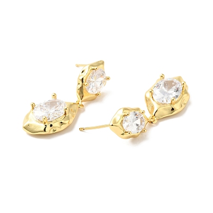 Clear Cubic Zirconia Double Leaf Dangle Stud Earrings, Brass Jewelry for Women, Cadmium Free & Nickel Free & Lead Free