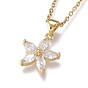 Brass Micro Pave Clear Cubic Zirconia Pendant Necklaces, with 304 Stainless Steel Cable Chains, Flower