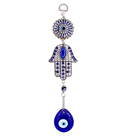 Lampwork Turkish Blue Teardrop with Evil Eye Pendant Decoration, with Alloy Rhinestone Hamsa Hand Link for Home Wall Hanging Ornament