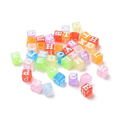 Spray Painted Transparent Acrylic Beads, Cube with Number & Letter
