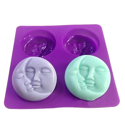 4 Cavities Silicone Molds, for Handmade Soap Making, Moon & Sun with Human Face