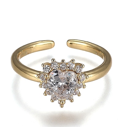 Latón micro pavé claro anillos de brazalete de circonio cúbico, anillos abiertos, sin plomo y cadmio, corazón