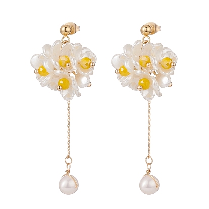 Flor de racimo de perlas de plástico con aretes colgantes de borla larga, chapado en oro 304 joyas de acero inoxidable para mujer