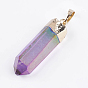 Electroplated Natural Quartz Crystal Pendants, with Brass Finding, Golden