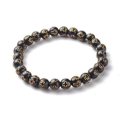 Bracelet extensible en perles acryliques en placage de bois imitation, Rond avec motif croisé