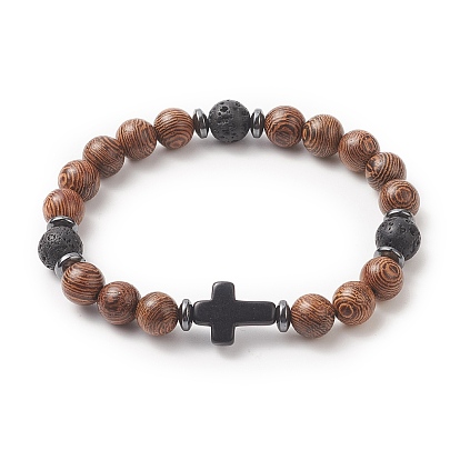 Bracelet extensible perlé de pierres précieuses et de bois de rose naturel pour hommes femmes, bracelet croix