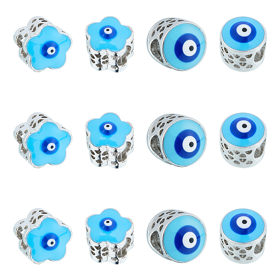 Nbeads 12pcs 2 styles perles européennes en laiton émaillé, Perles avec un grand trou   , formes mélangées avec mauvais œil, platine