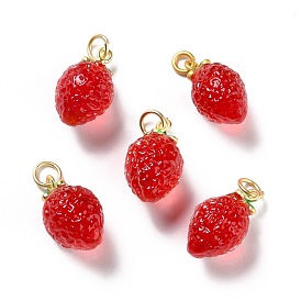Handmade Lampwork Pendants, with Brass Findings, Cadmium Free & Lead Free, Matte Gold Color, 3D Strawberry