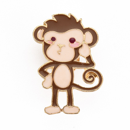 Alloy Enamel Brooches, Enamel Pins, with Brass Butterfly Clutches, Monkey, Cadmium Free & Nickel Free & Lead Free, Light Gold