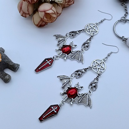Halloween Funny Bat Coffin Pentagram Earrings - Punk Gothic Personality Ear Jewelry.