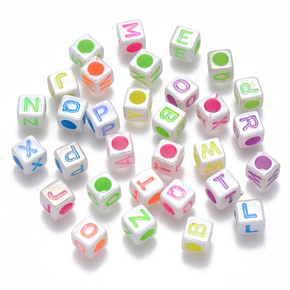 Plated AB Color Acrylic Beads, Horizontal Hole, Cube with Initial Letter, Mixed Color