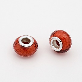 Perles européennes à facettes en résine , perles de rondelle avec grand trou , avec des noyaux de laiton de ton argent, 14x9mm, Trou: 5mm