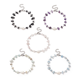 Bracelets de cheville en perles de pierres précieuses naturelles, avec 304 apprêts en acier inoxydable et perle de culture d'eau douce naturelle