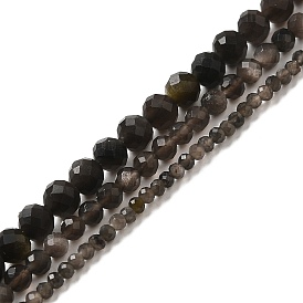 Brins de perles d'obsidienne aux reflets argentés naturels, ronde, facette