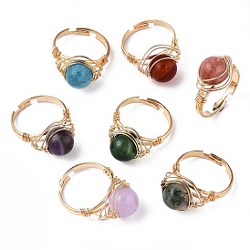 Adjustable Natural & Synthetic Gemstone Round Finger Rings, with Brass Findings