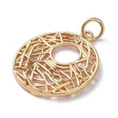 Brass Filigree Pendants, Hollow, Long-Lasting Plated, Real 18K Gold Plated, Flat Round
