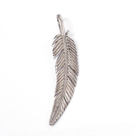316 Surgical Stainless Steel Big Pendants, Feather, 57x12x2mm, Hole: 4x9mm