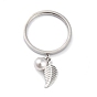 Dual-use Items, 304 Stainless Steel Finger Rings or Pendants, with Plastic Round Beads, Leaf, White