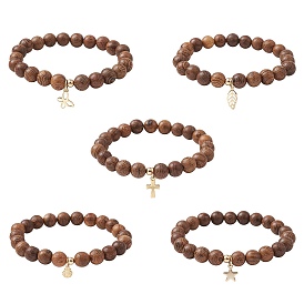 5Pcs 5 Style Natural Wenge Wood Round Beaded Stretch Bracelets Set, with 304 Stainless Steel Charms, Cross & Leaf & Butterfly