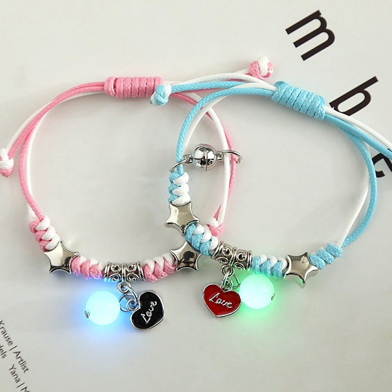 2Pcs 2 Color Luminous Beads & Alloy Enamel Charms Bracelets Set, Glow In The Dark Magnetic Charms Couple Bracleets for Best Friends Lovers