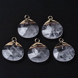 Pendeloques de cristal de quartz naturel, pendentifs en cristal de roche, avec les accessoires en laiton dorés, crémaillère plaquage, facette, ovale