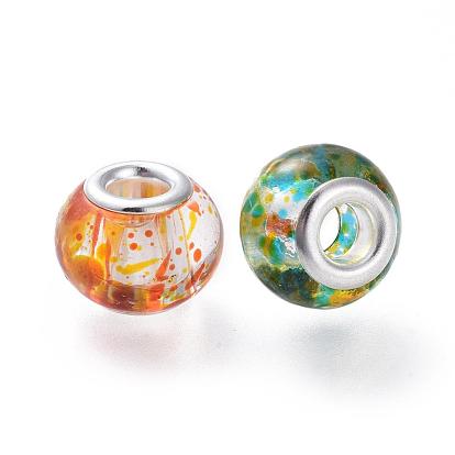 Peint à la bombe perles européennes en verre, avec noyaux en laiton plaqué couleur argent, Perles avec un grand trou   , rondelle, 15x12mm, Trou: 5mm