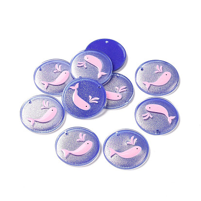 Acrylic Pendants, with Enamel and Glitter Powder, Flat Round with Dolphin Pattern