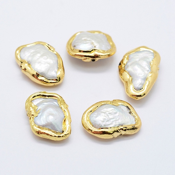 Natural Cultured Freshwater Pearl Beads, Edge Golden Plated, Nuggets